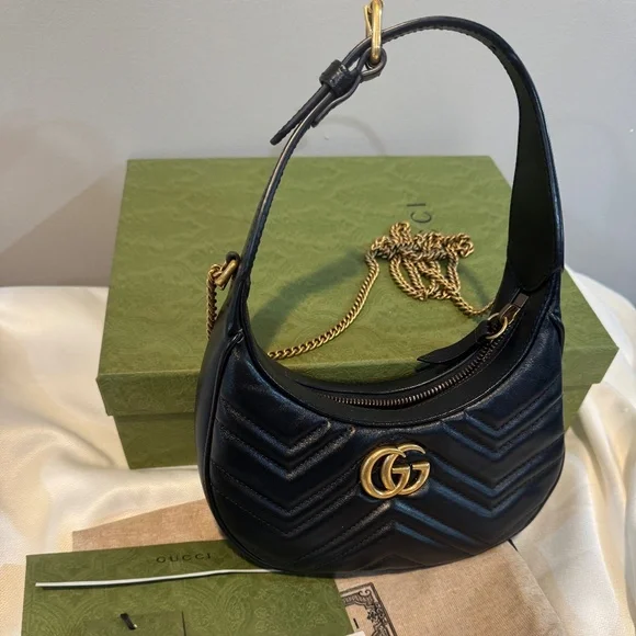 Gucci GG Marmont Half-Moon Mini Bag – Black (Like New, Full Set) - Picture 1 of 12